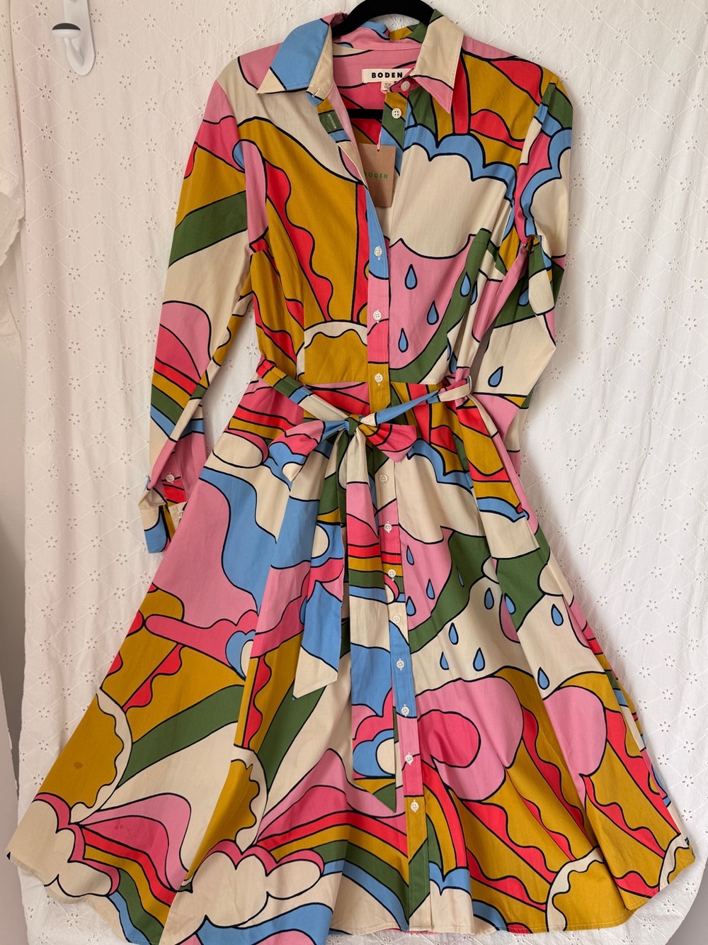 Boden Multicolor Retro Wave Shirt Dress — Pink, Blue, Mustard, Green, Cream